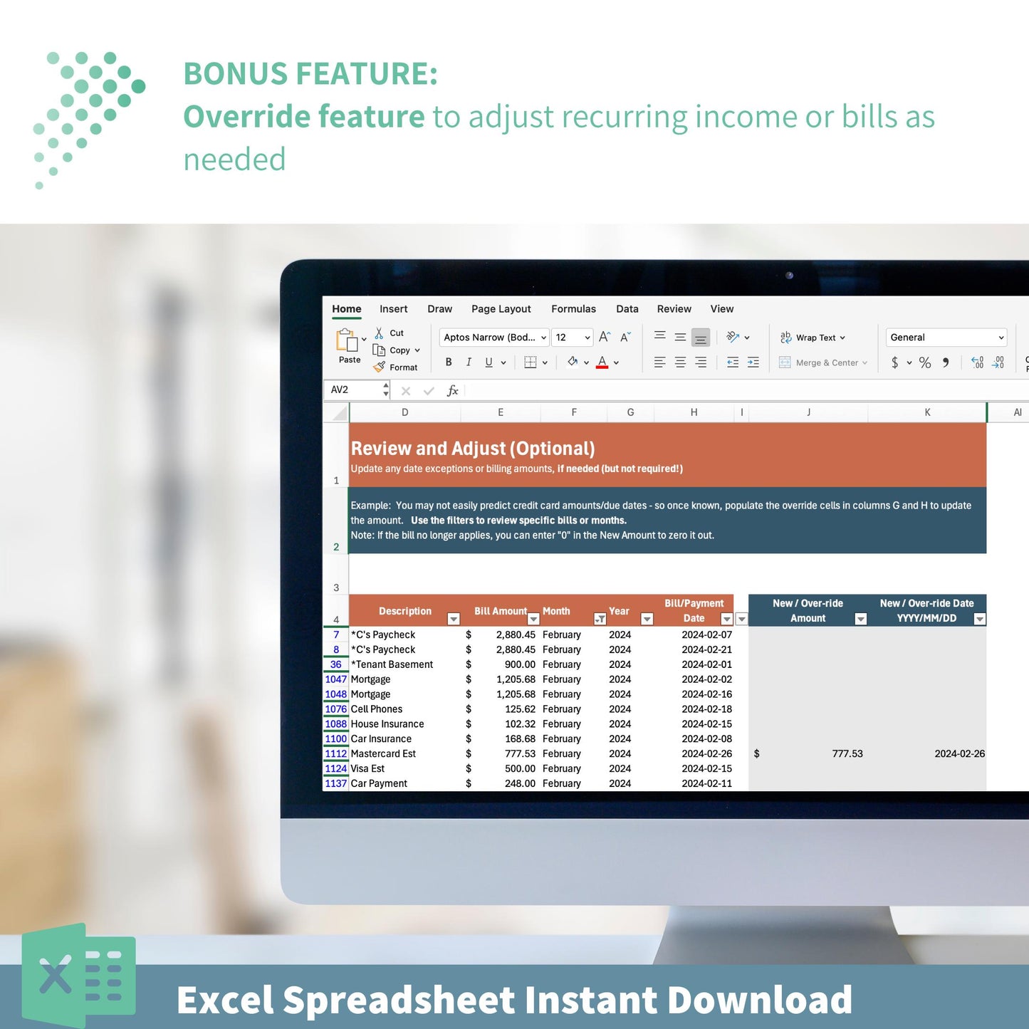 Monthly Income & Bill Tracker | Budgeting Calendar Excel Template | 12-Month Financial Planner | Automated Budget Tool | Instant Printable