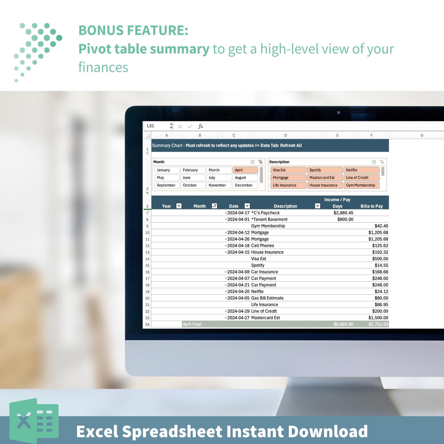 Monthly Income & Bill Tracker | Budgeting Calendar Excel Template | 12-Month Financial Planner | Automated Budget Tool | Instant Printable