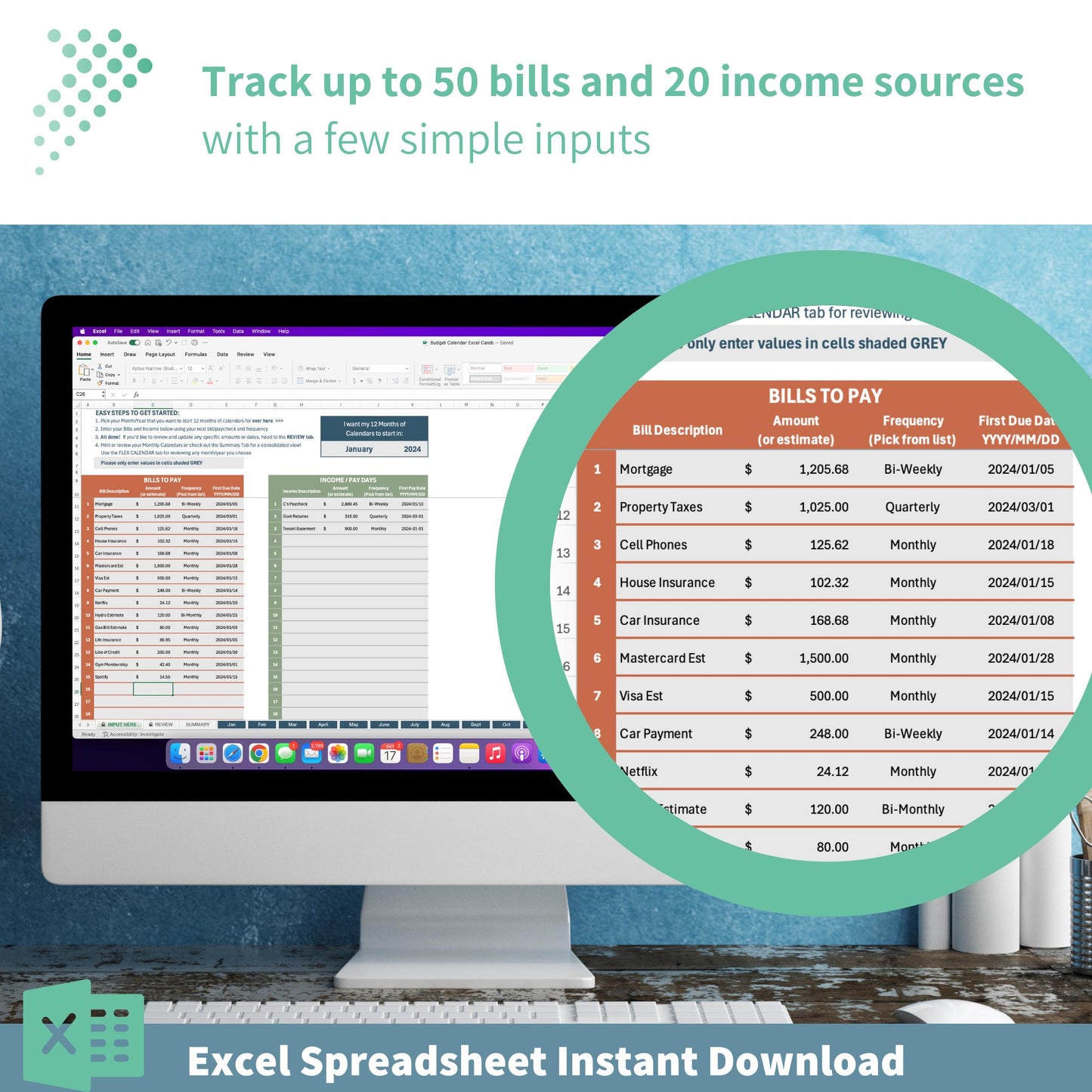 Monthly Income & Bill Tracker | Budgeting Calendar Excel Template | 12-Month Financial Planner | Automated Budget Tool | Instant Printable