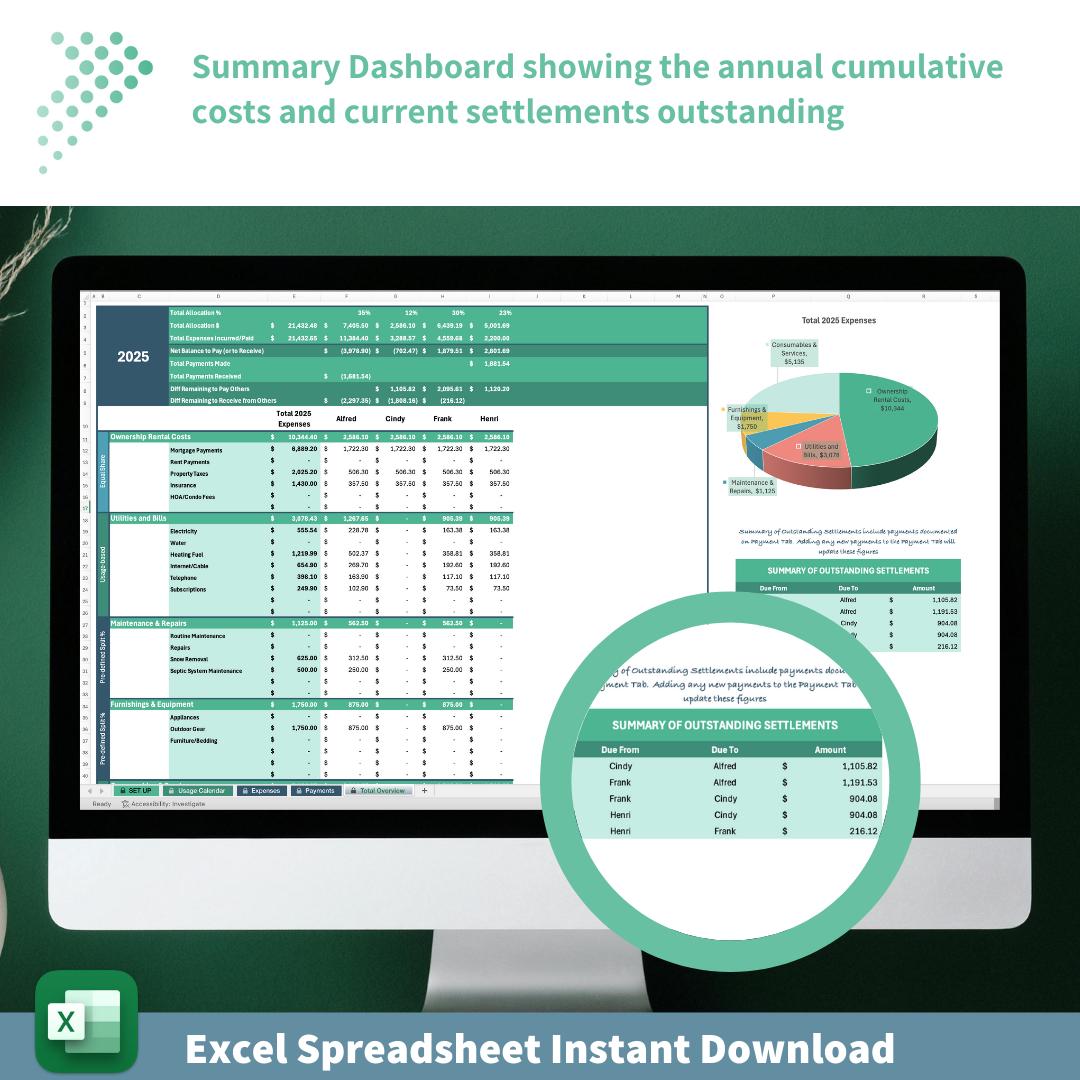 Expense Splitter - Up to 8 Parties | Excel Tool for Sharing Property Costs | Payment Tracking | Custom, Equal, or Usage Based Cost Splitting