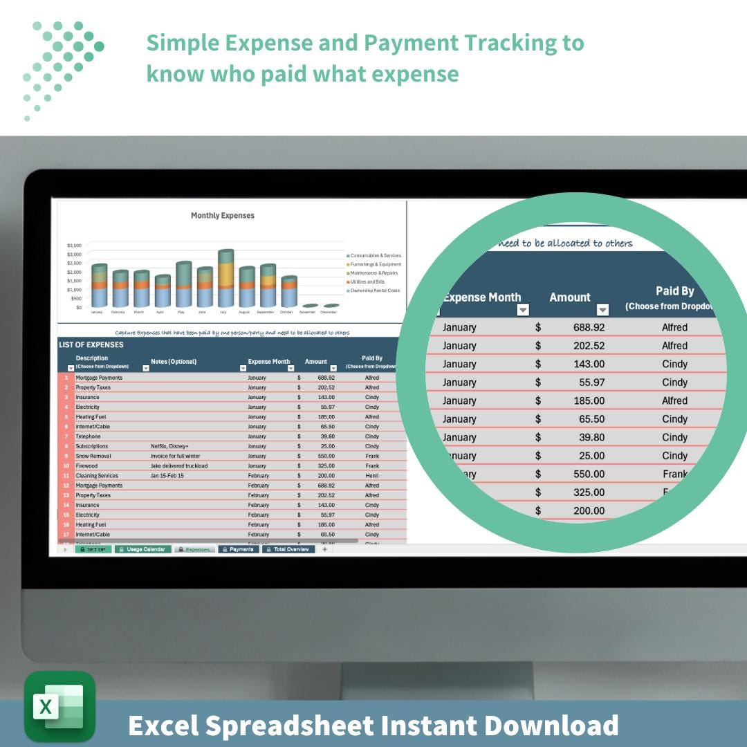 Expense Splitter - Up to 8 Parties | Excel Tool for Sharing Property Costs | Payment Tracking | Custom, Equal, or Usage Based Cost Splitting