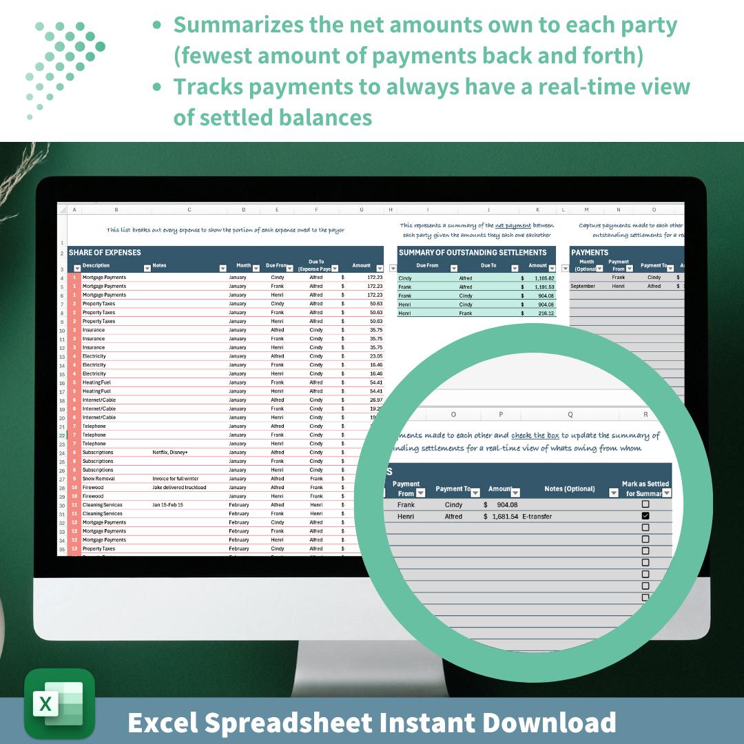 Expense Splitter - Up to 8 Parties | Excel Tool for Sharing Property Costs | Payment Tracking | Custom, Equal, or Usage Based Cost Splitting