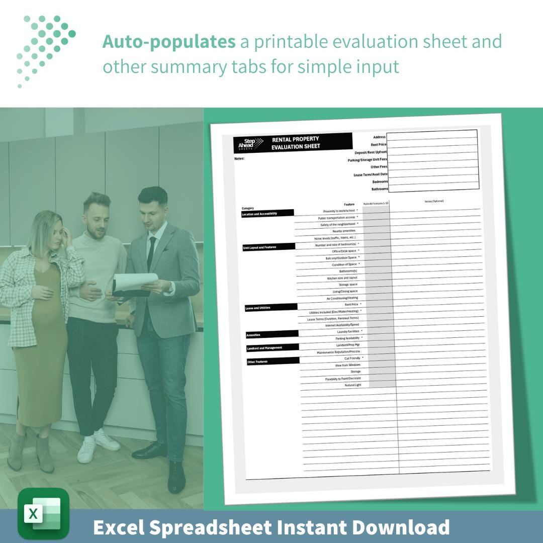 Renter's Evaluation Template | Compare Rental Properties | Apartment Hunting Tool | Excel Spreadsheet with Automated Scoring | Printable