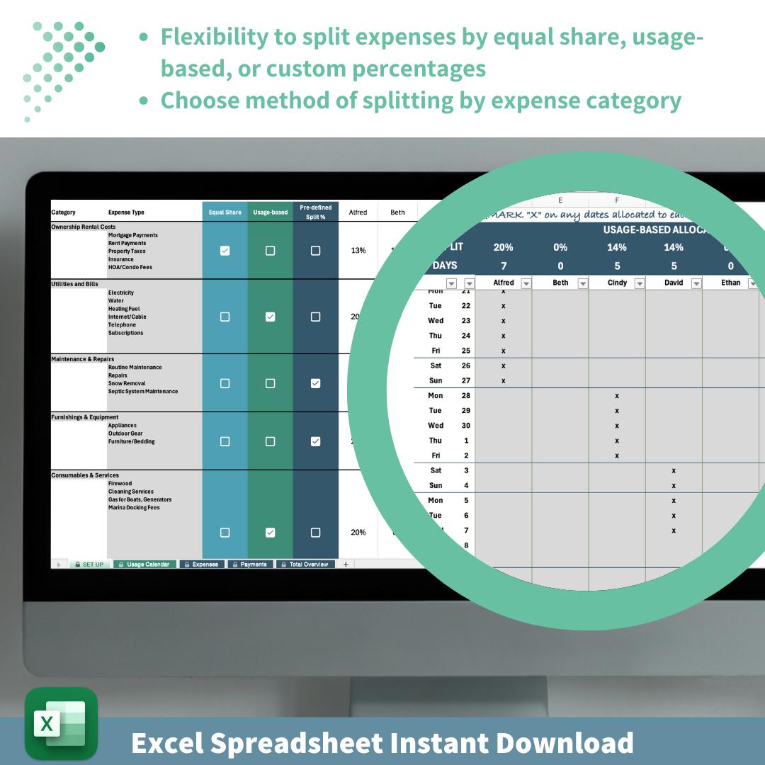 Expense Splitter - Up to 8 Parties | Excel Tool for Sharing Property Costs | Payment Tracking | Custom, Equal, or Usage Based Cost Splitting