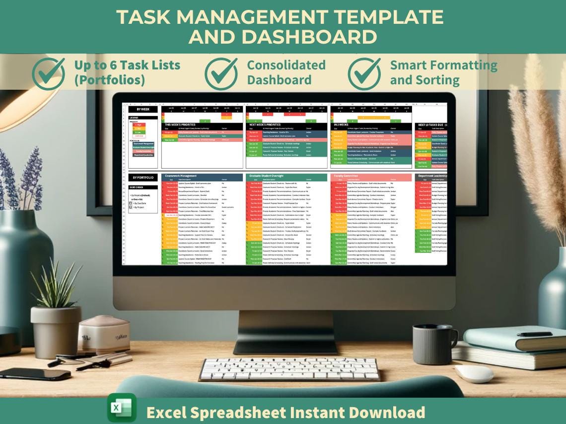 Task Management Template and Dashboard | Team and Project Management | Deadline Organization | Time Management | Prioritization Tool | Excel