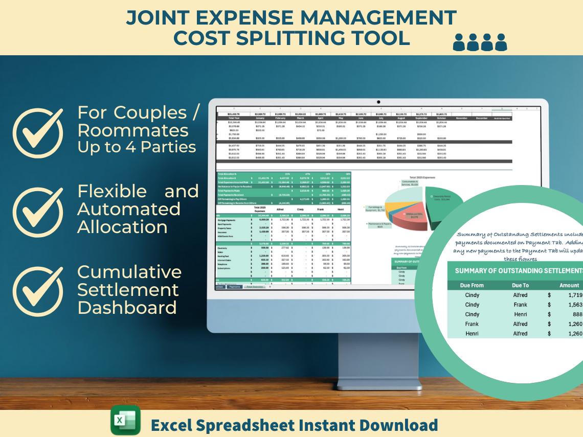 Joint Expense Management | Cost Splitting for Couples or Roommates | Up to 4 Parties | Payment Tracking | Monthly and Cumulative Summaries