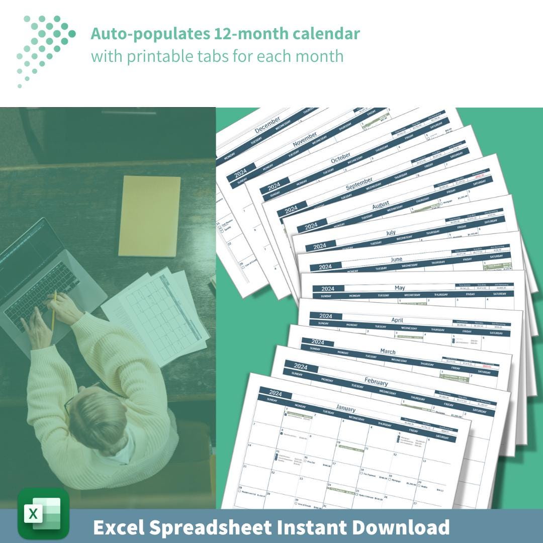 Monthly Income & Bill Tracker | Budgeting Calendar Excel Template | 12-Month Financial Planner | Automated Budget Tool | Instant Printable