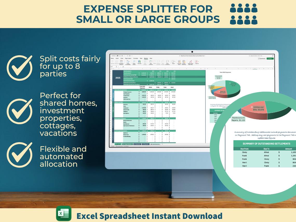 Expense Splitter - Up to 8 Parties | Excel Tool for Sharing Property Costs | Payment Tracking | Custom, Equal, or Usage Based Cost Splitting