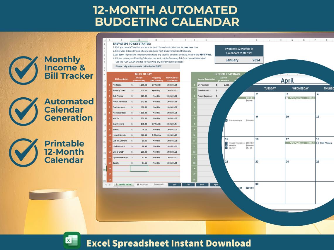 Monthly Income & Bill Tracker | Budgeting Calendar Excel Template | 12-Month Financial Planner | Automated Budget Tool | Instant Printable