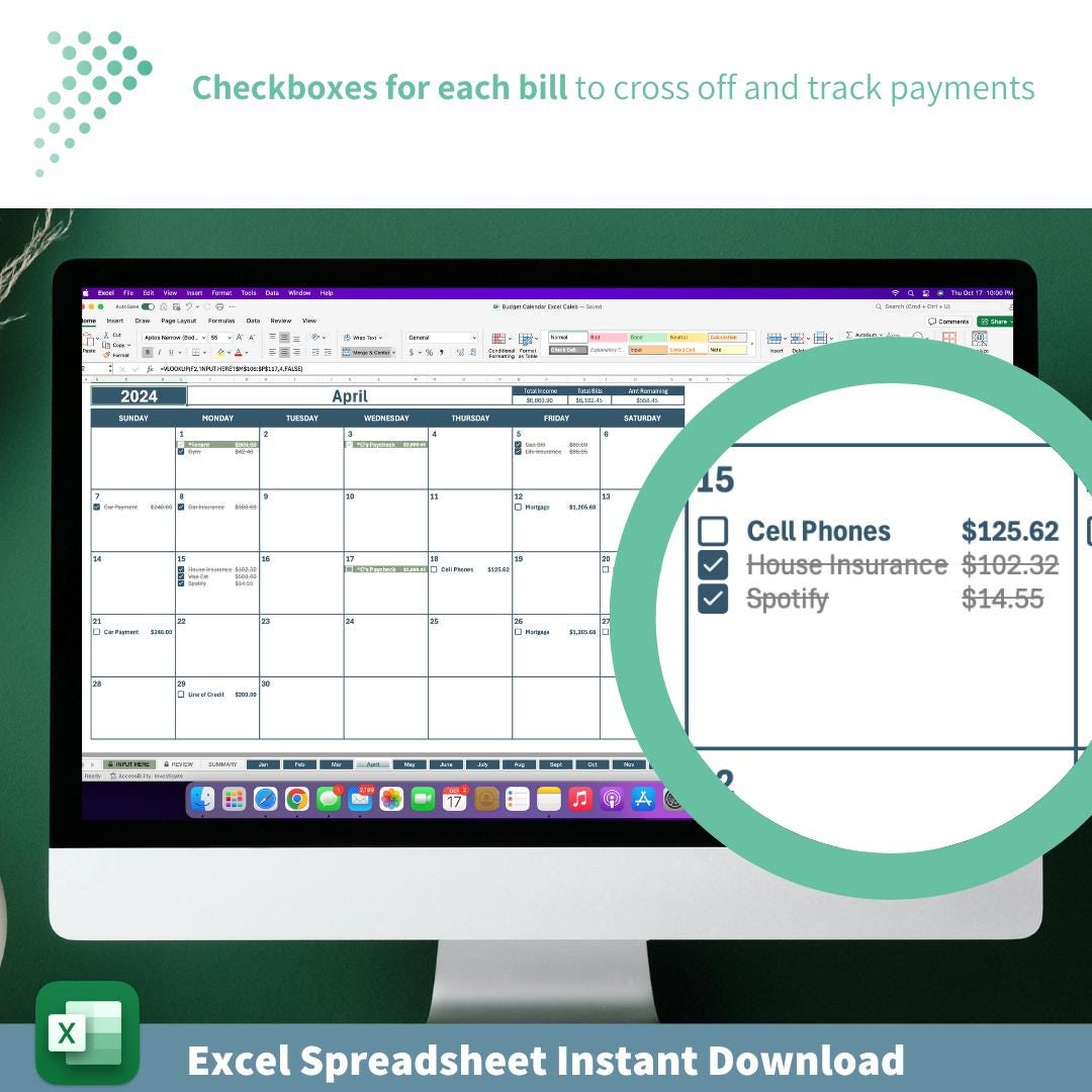 Monthly Income & Bill Tracker | Budgeting Calendar Excel Template | 12-Month Financial Planner | Automated Budget Tool | Instant Printable