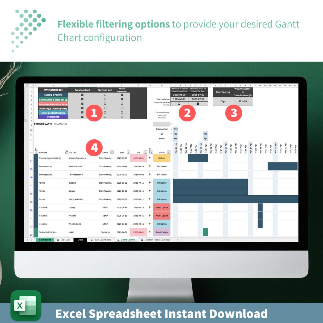 Project Management Gantt Chart and Dashboard | All-in-One Excel Tracker Template for Workstreams, Tasks & Deadlines | Custom Fiscal Calendar