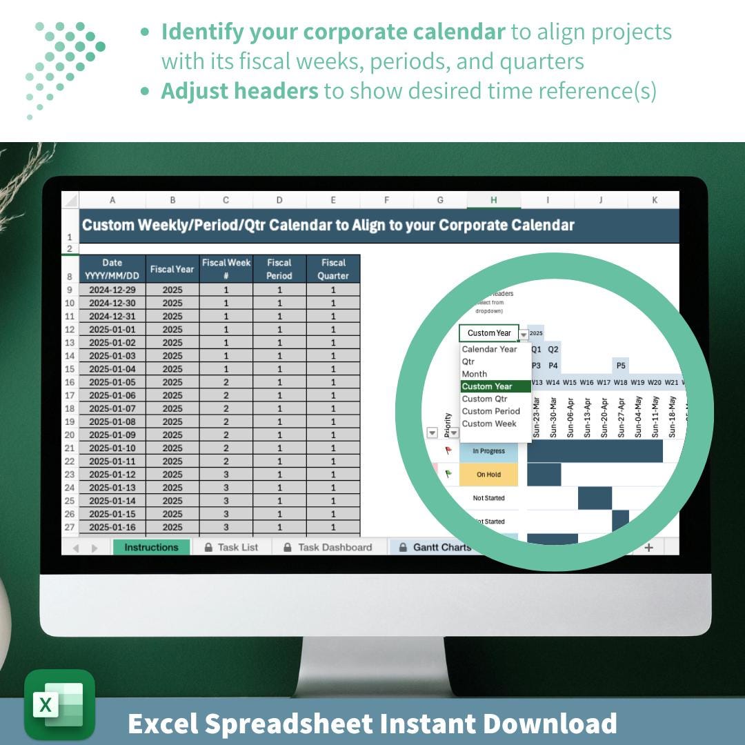 Project Management Gantt Chart and Dashboard | All-in-One Excel Tracker Template for Workstreams, Tasks & Deadlines | Custom Fiscal Calendar