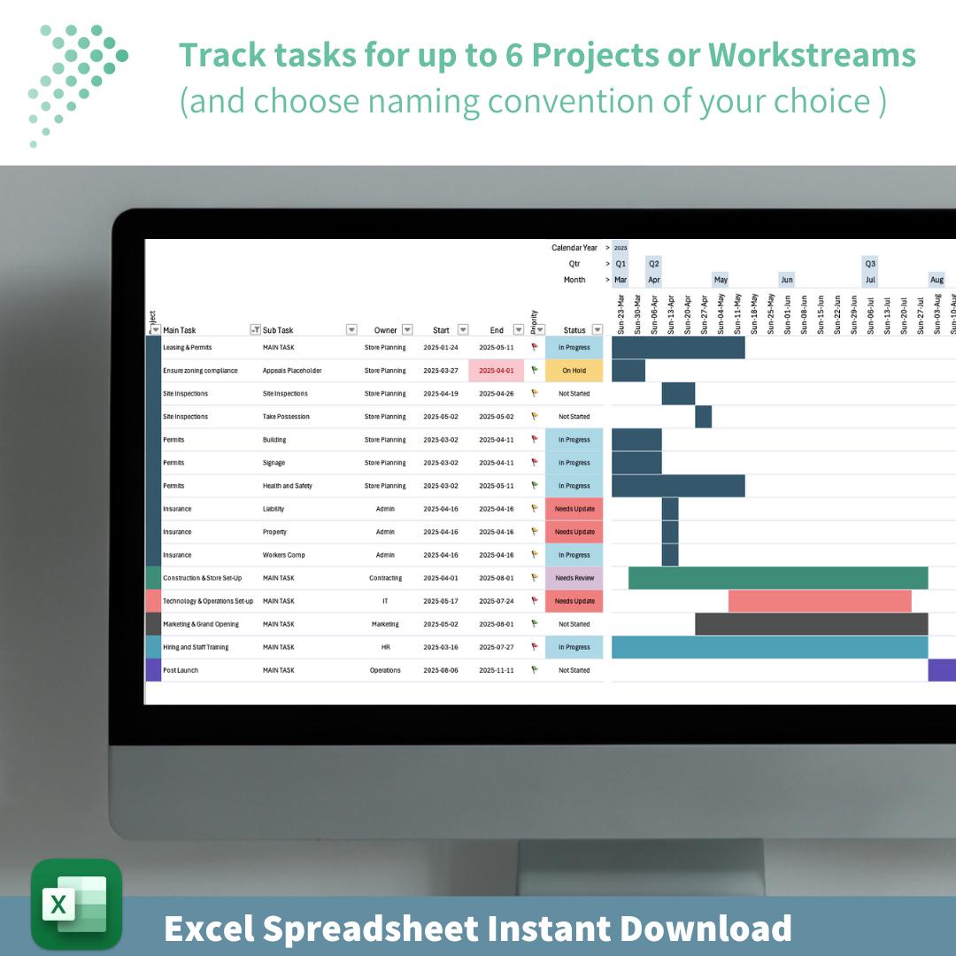 Project Management Gantt Chart and Dashboard | All-in-One Excel Tracker Template for Workstreams, Tasks & Deadlines | Custom Fiscal Calendar