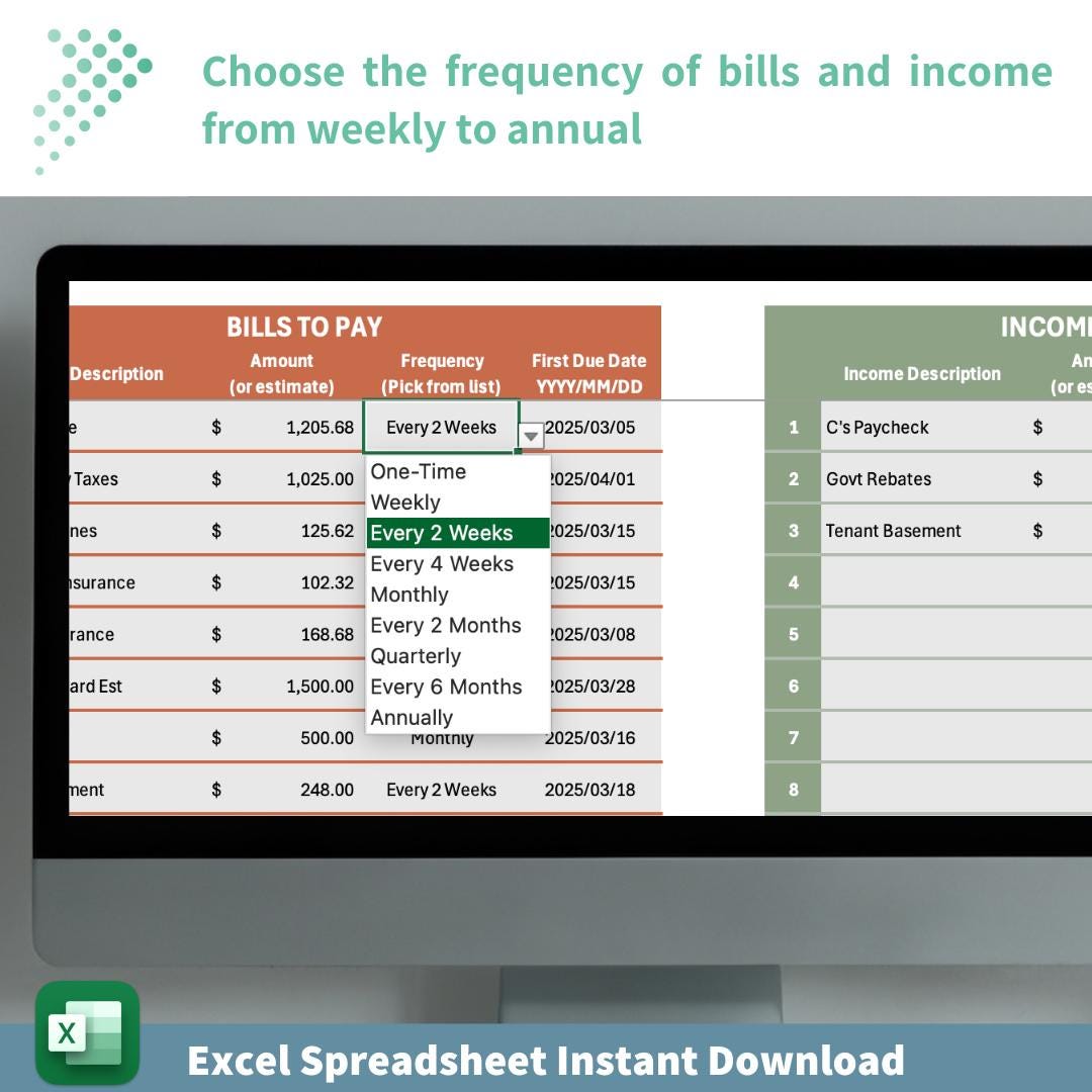 Monthly Income & Bill Tracker | Budgeting Calendar Excel Template | 12-Month Financial Planner | Automated Budget Tool | Instant Printable