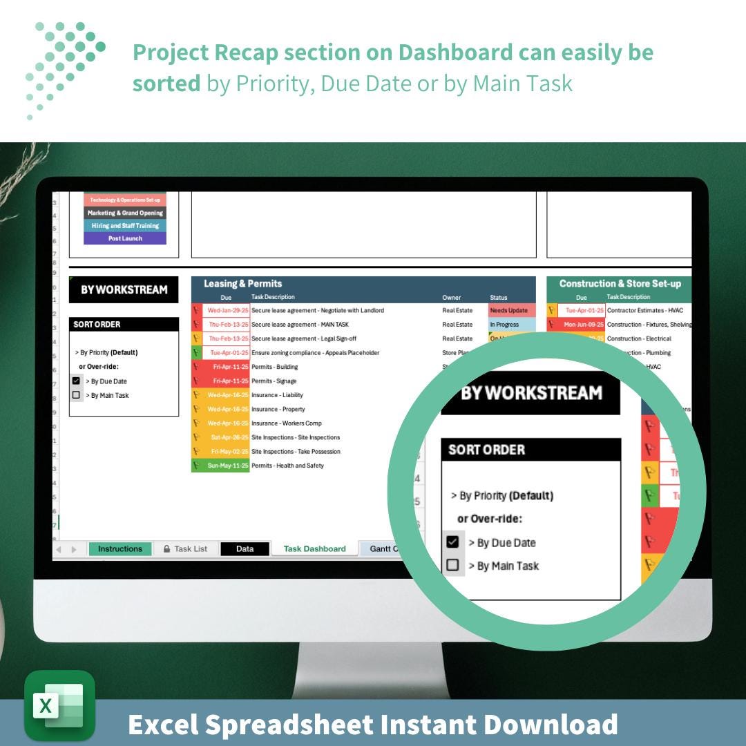 Project Management Gantt Chart and Dashboard | All-in-One Excel Tracker Template for Workstreams, Tasks & Deadlines | Custom Fiscal Calendar