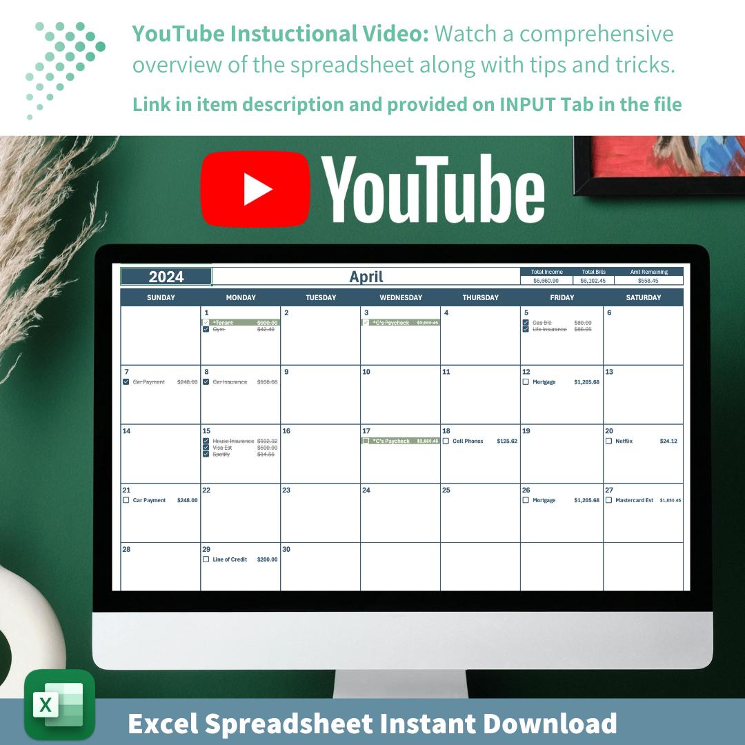 Monthly Income & Bill Tracker | Budgeting Calendar Excel Template | 12-Month Financial Planner | Automated Budget Tool | Instant Printable