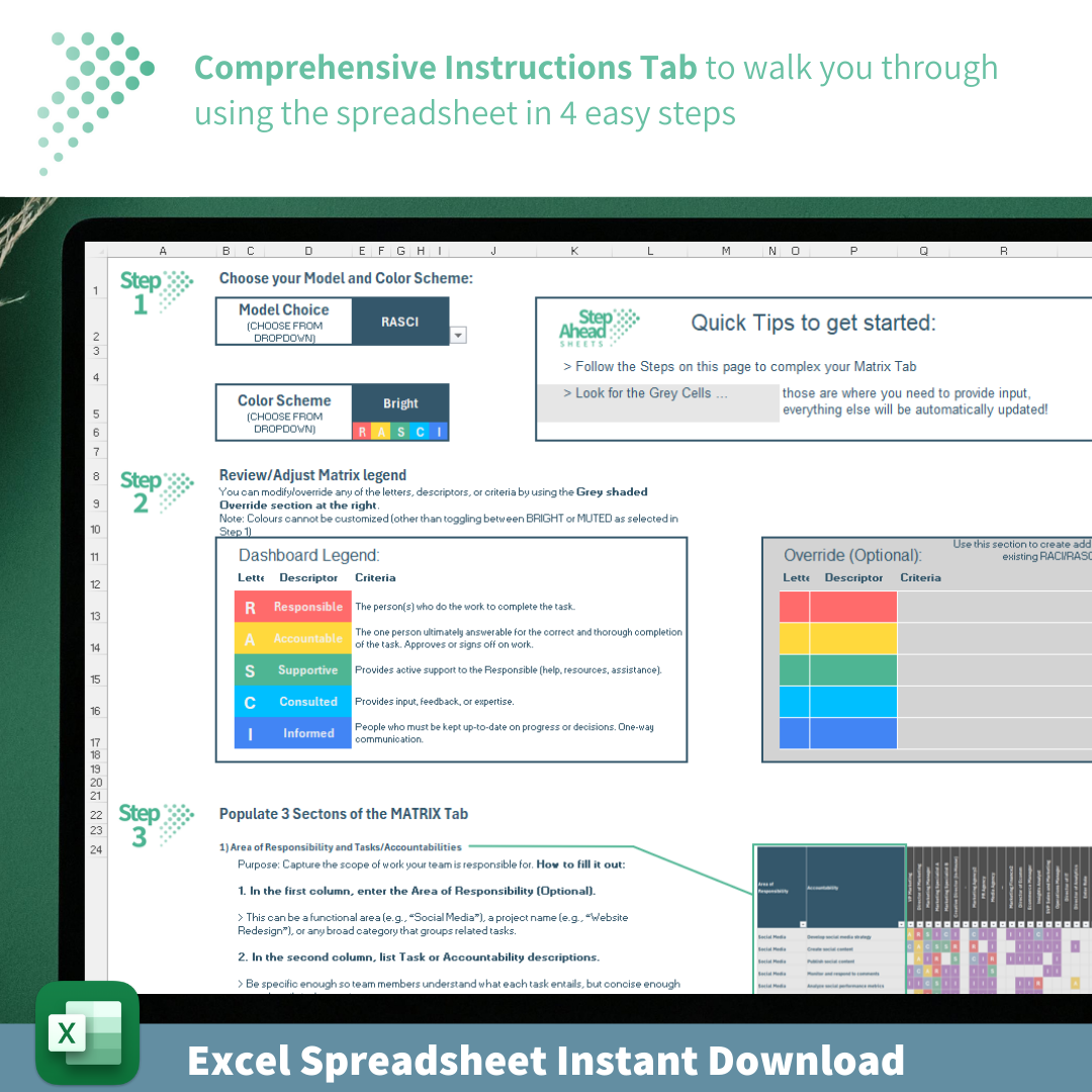 Roles & Responsibilities Matrix Spreadsheet | RACI, RASCI, DACI, Drive, and Custom Models | Excel Template for Managers or Teams