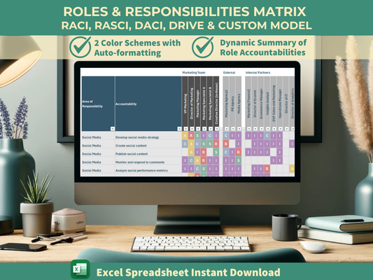 Roles & Responsibilities Matrix Spreadsheet | RACI, RASCI, DACI, Drive, and Custom Models | Excel Template for Managers or Teams