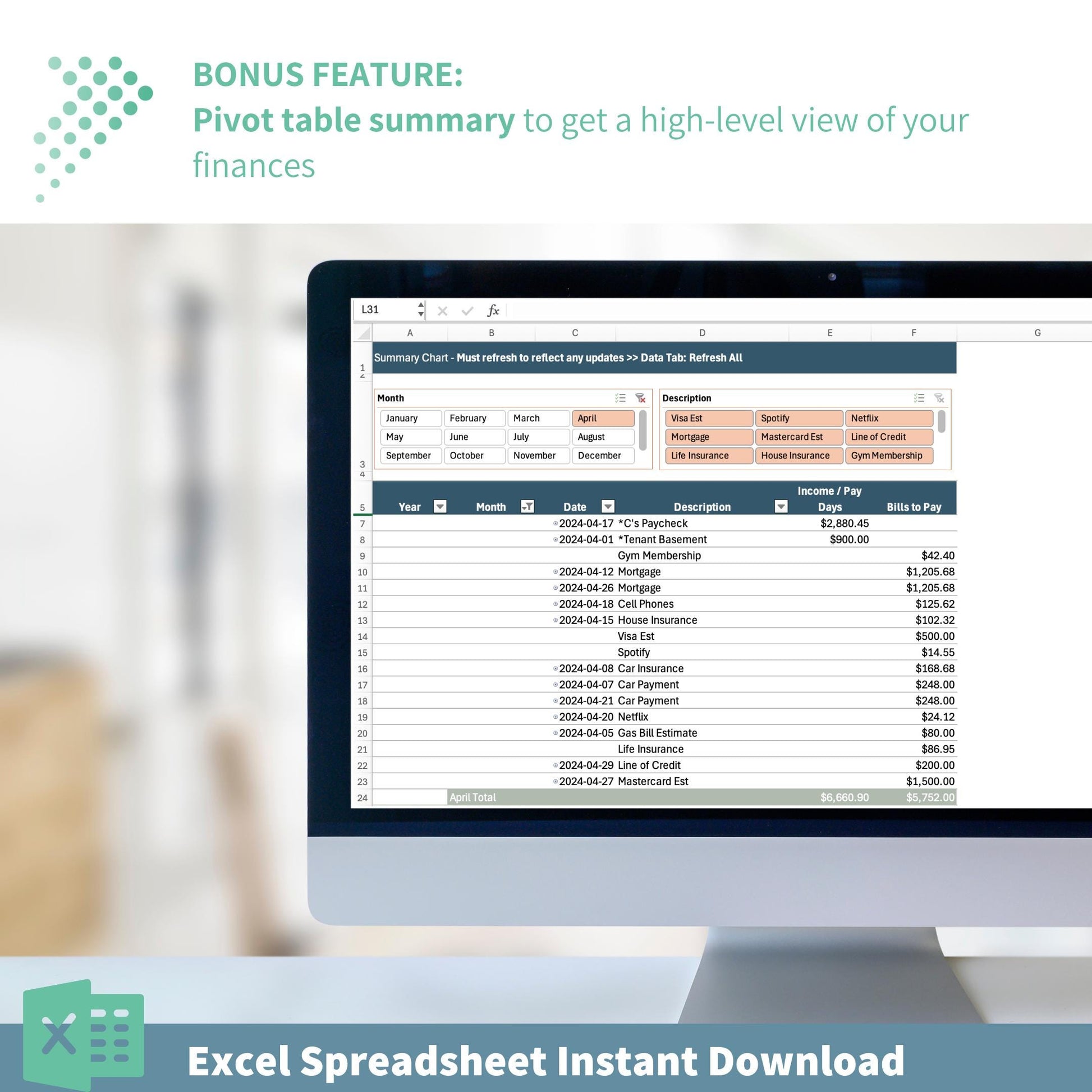 Monthly Income & Bill Tracker | Budgeting Calendar Excel Template | 12-Month Financial Planner | Automated Budget Tool | Instant Printable