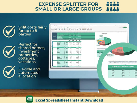Expense Splitter - Up to 8 Parties | Excel Tool for Sharing Property Costs | Payment Tracking | Custom, Equal, or Usage Based Cost Splitting