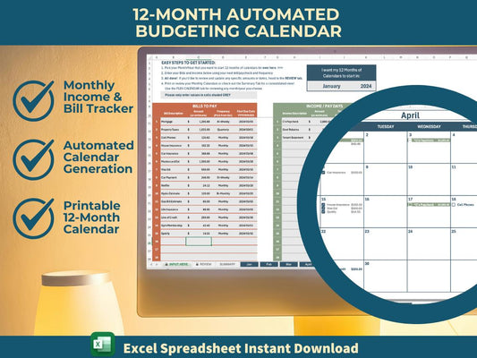 Monthly Income & Bill Tracker | Budgeting Calendar Excel Template | 12-Month Financial Planner | Automated Budget Tool | Instant Printable