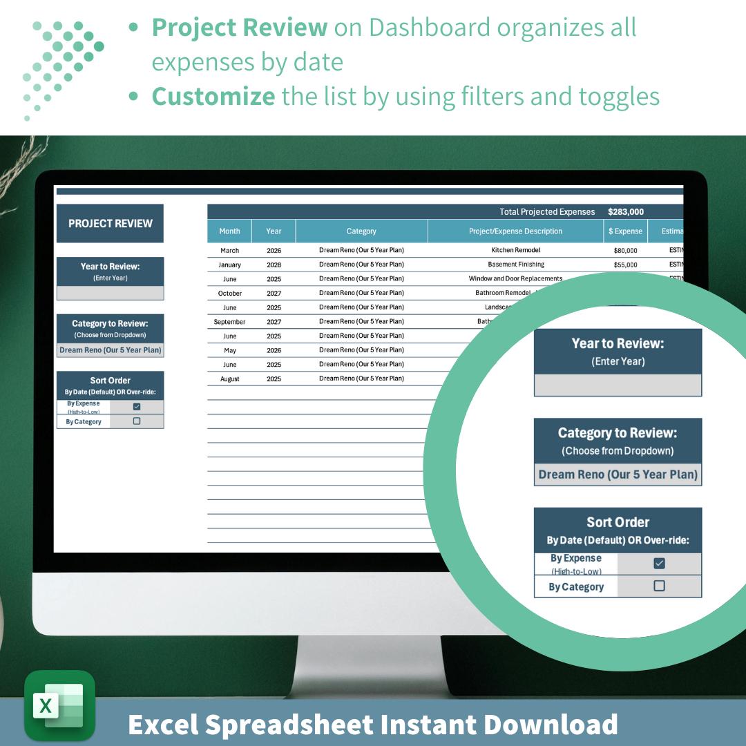 Home Reno and Maintenance Planner | Budgeting Dashboard | 20 Year Outlook | Recurring Expenses and One-Time Projects | Excel Spreadsheet