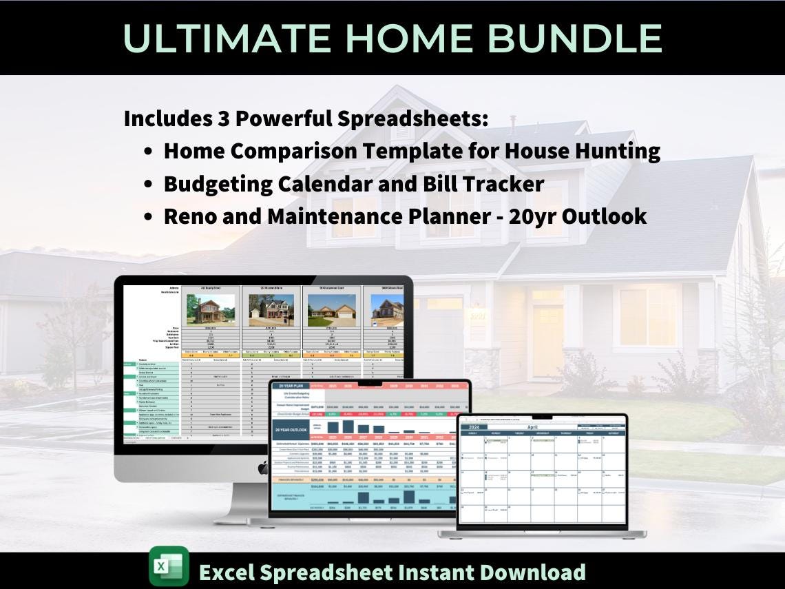 Ultimate Home Bundle | House Hunting, Budgeting & Expense Tracking Tools | Bill Calendar | Property Comparison | 20yr Maintenance Tracker