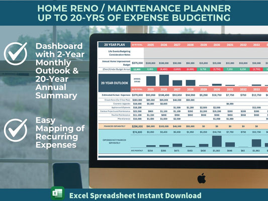 Home Reno and Maintenance Planner | Budgeting Dashboard | 20 Year Outlook | Recurring Expenses and One-Time Projects | Excel Spreadsheet