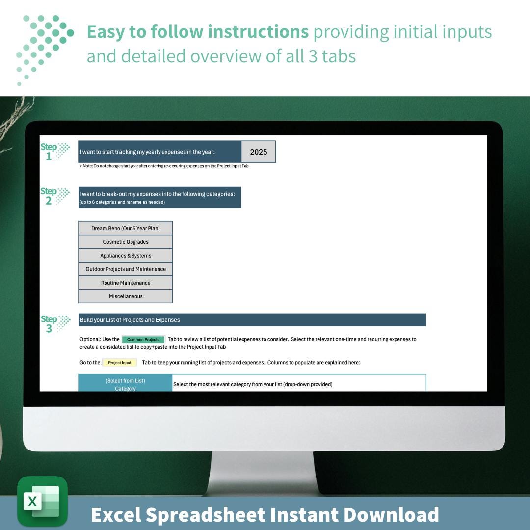 Home Reno and Maintenance Planner | Budgeting Dashboard | 20 Year Outlook | Recurring Expenses and One-Time Projects | Excel Spreadsheet