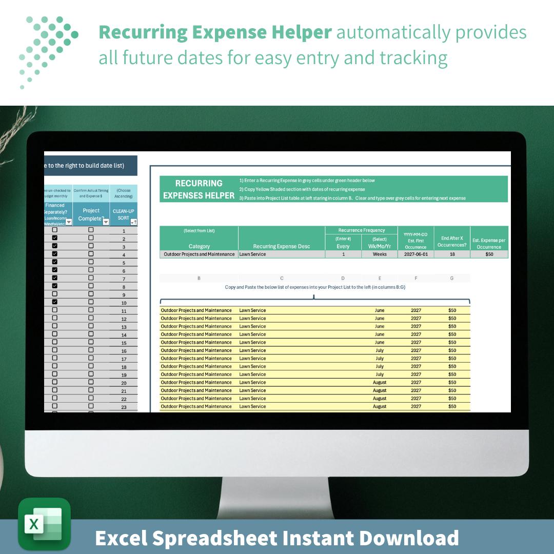 Home Reno and Maintenance Planner | Budgeting Dashboard | 20 Year Outlook | Recurring Expenses and One-Time Projects | Excel Spreadsheet