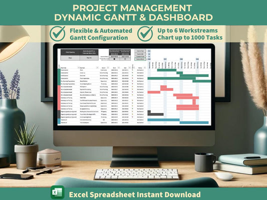 Project Management Gantt Chart and Dashboard | All-in-One Excel Tracker Template for Workstreams, Tasks & Deadlines | Custom Fiscal Calendar