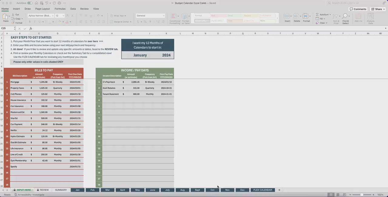 Monthly Income & Bill Tracker | Budgeting Calendar Excel Template | 12-Month Financial Planner | Automated Budget Tool | Instant Printable