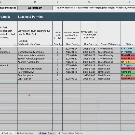 Project Management Gantt Chart and Dashboard | All-in-One Excel Tracker Template for Workstreams, Tasks & Deadlines | Custom Fiscal Calendar