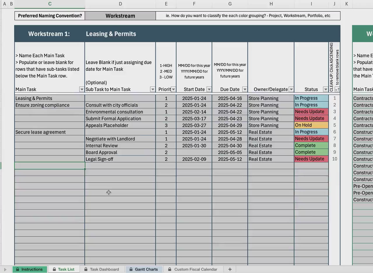 Project Management Gantt Chart and Dashboard | All-in-One Excel Tracker Template for Workstreams, Tasks & Deadlines | Custom Fiscal Calendar