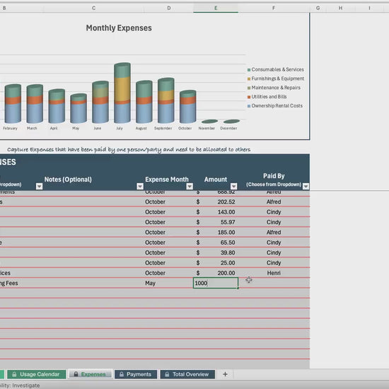 Expense Splitter - Up to 8 Parties | Excel Tool for Sharing Property Costs | Payment Tracking | Custom, Equal, or Usage Based Cost Splitting