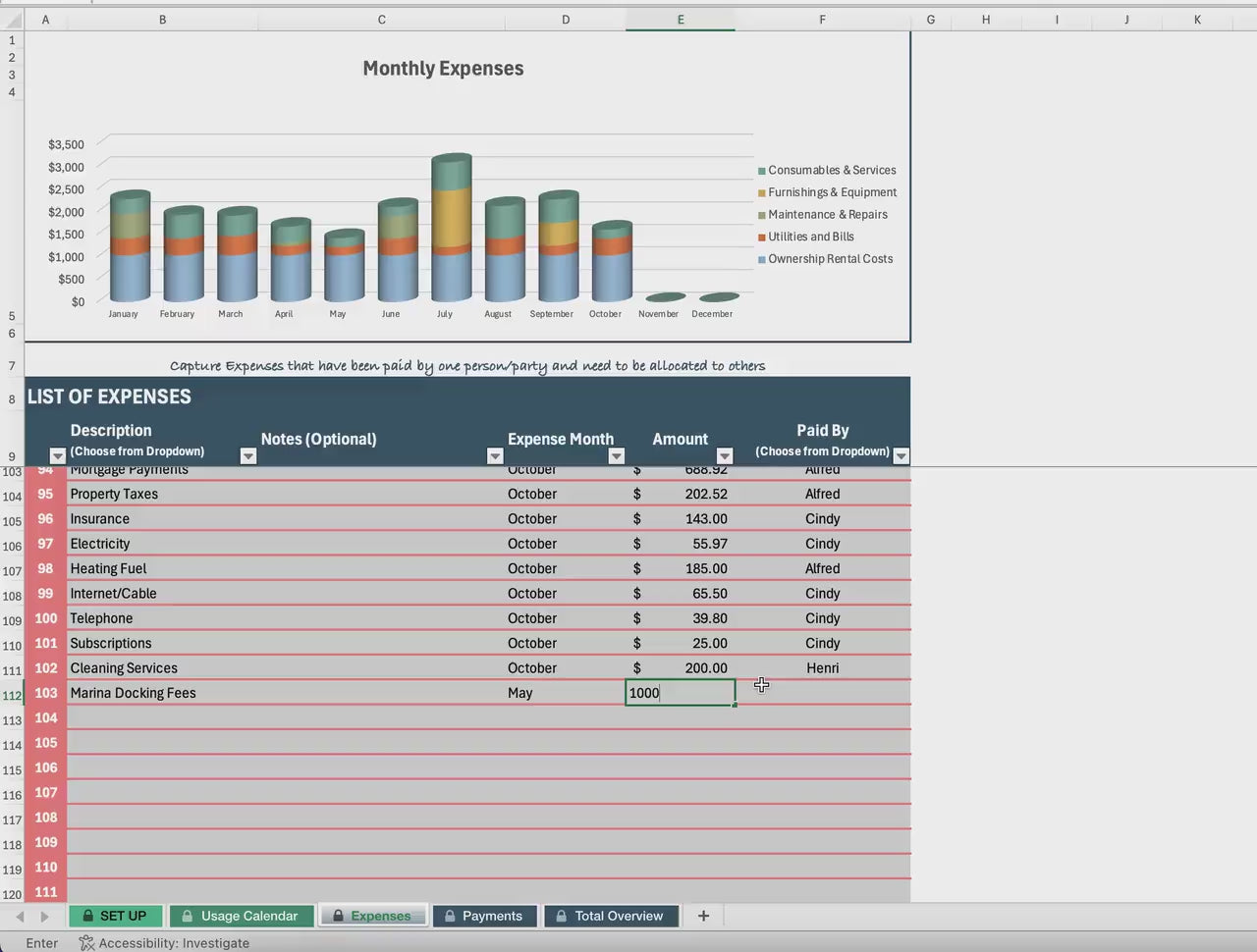 Expense Splitter - Up to 8 Parties | Excel Tool for Sharing Property Costs | Payment Tracking | Custom, Equal, or Usage Based Cost Splitting